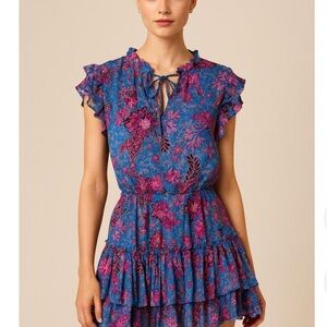 Misa Los Angeles Blue and Pink Floral Tie-Neck Ruffle Dress